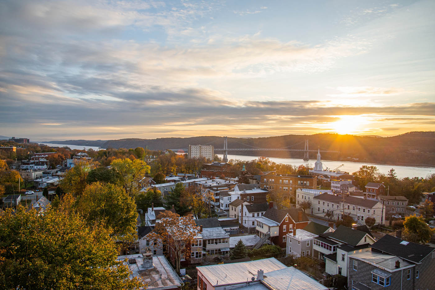 A wide shot image of a city - get expert pest control in East Hills, NY with Rest Easy.